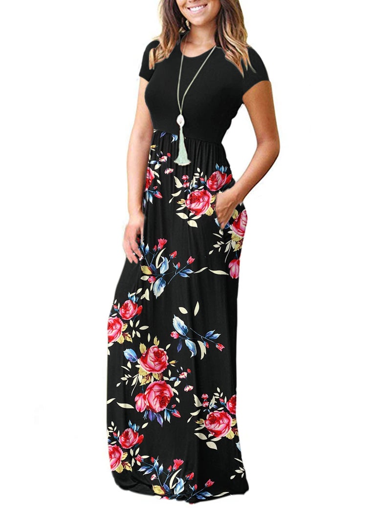 MISFAY Women Short Sleeve Loose Plain Maxi Dresses Casual Long Dresses Pockets(Rose Black,XL) - Image 2